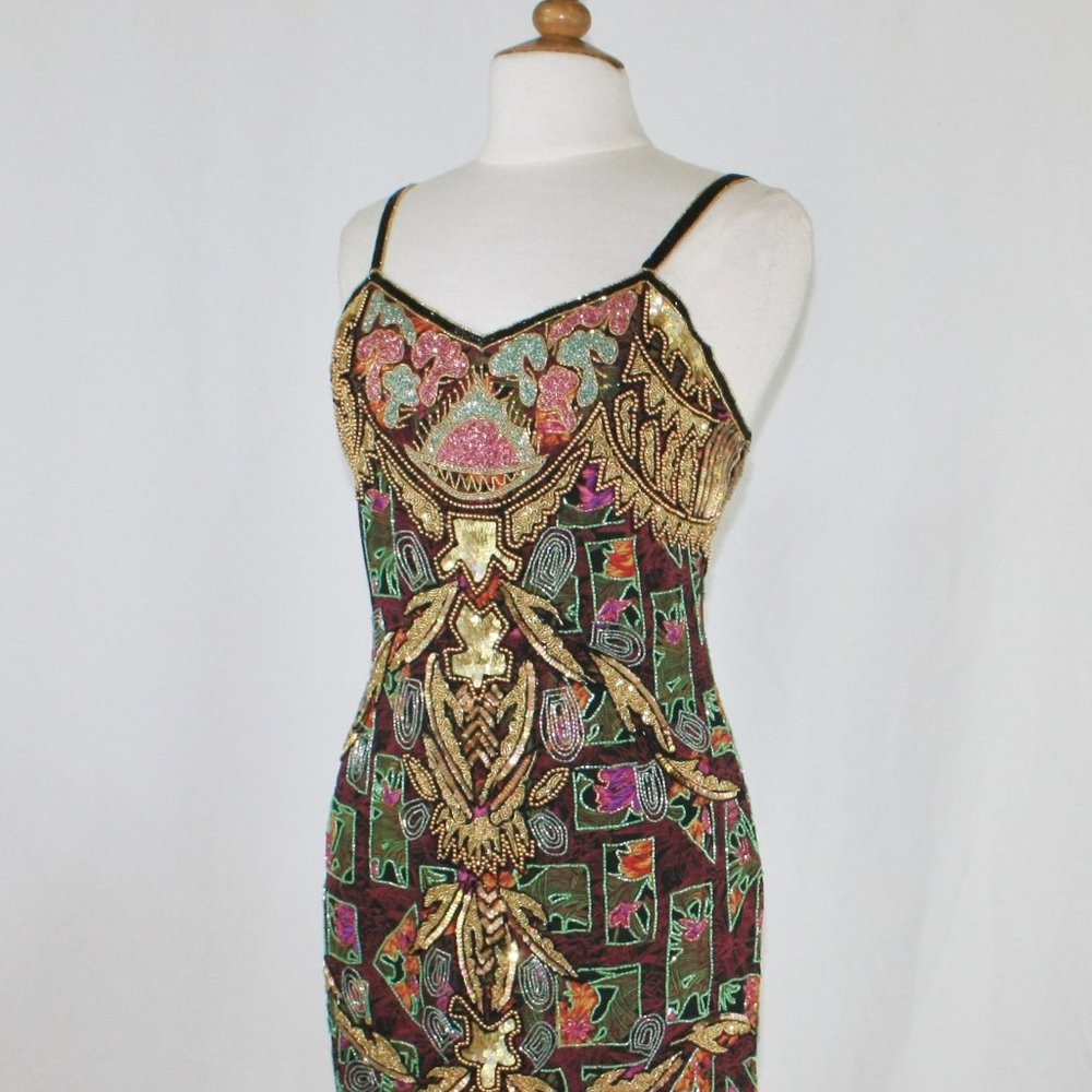JASDEE Vintage Dress Hand Work Bead & Sequins Hand Print On Silk Style 5040L